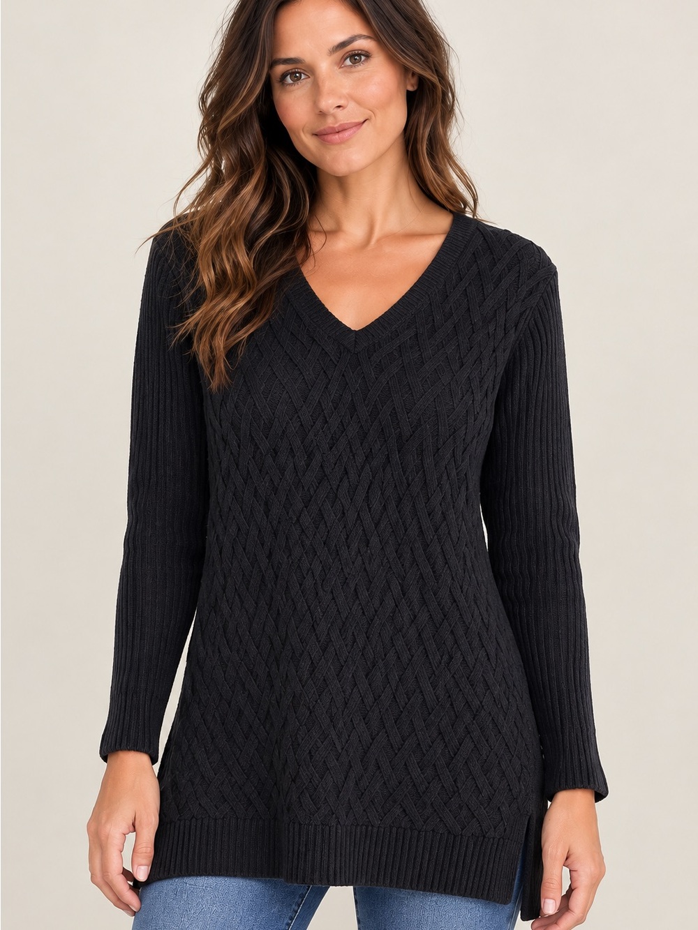 Lands’ End 100% Cotton Cable Knit Tunic Sweater Navy V Neck Preppy Medium
